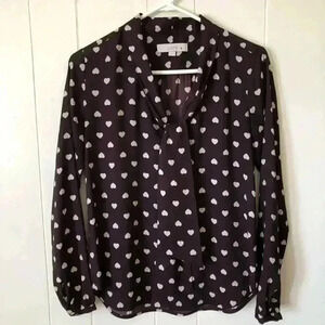 LOFT Button Down Heart Printed Polyester Top Blouse Size XS
